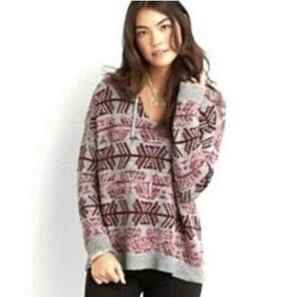American Eagle Outfitters Aztec Gray Pink V-Neck Hooded Sweater Size Small - Picture 1 of 6